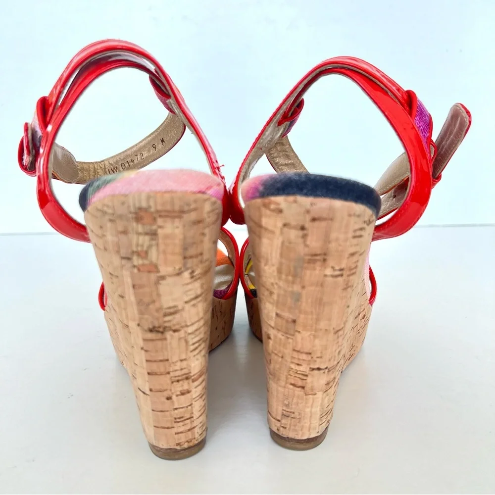 STUART WEITZMAN Orange Patent Leather w Multicolor Canvas Wedge Sandals Sz 9 M - Picture 6 of 11